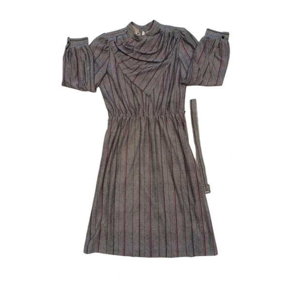 Vintage 1970’s MIDI Sears Long Sleeve Grey Striped Dress Size  14 - Picture 4 of 9